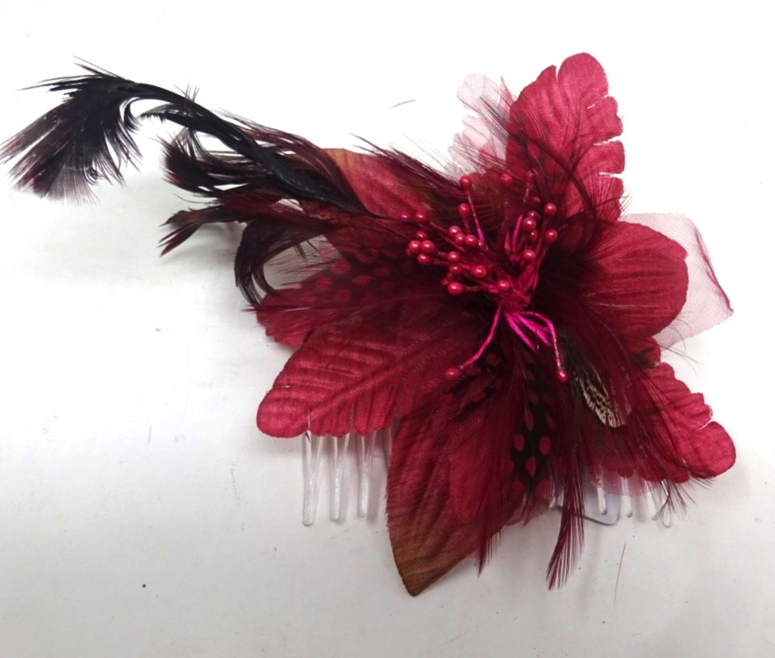 Dark Red Fascinator Fabric Petals Beaded Stamens Mixed Feathers on Clear Comb