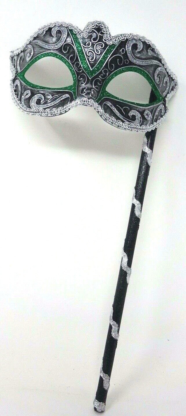 GREEN SILVER & BLACK HAND HELD STICK VENETIAN MASQUERADE BALL CARNIVAL EYE MASK