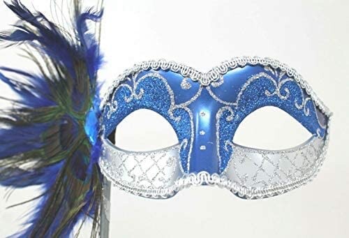 BLUE & SILVER MASK WITH PEACOCK FEATHERS VENETIAN MASQUERADE BALL PARTY PROM EYE