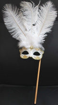 WHITE & GOLD VENETIAN MASQUERADE PARTY CARNIVAL BALL EYE FEATHER MASK HAND HELD