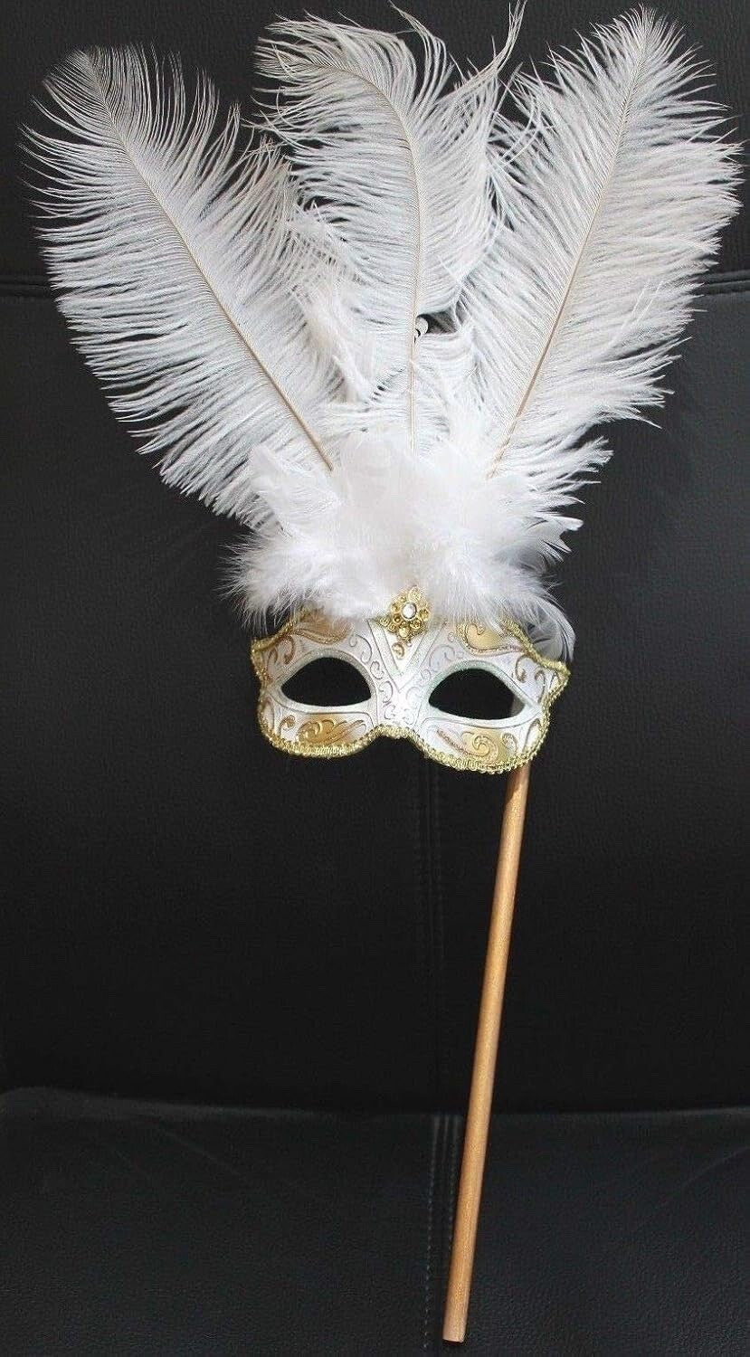 WHITE & GOLD VENETIAN MASQUERADE PARTY CARNIVAL BALL EYE FEATHER MASK HAND HELD