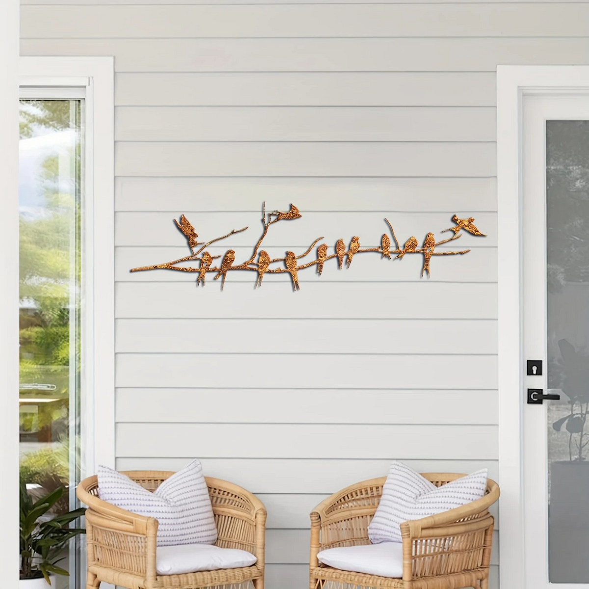 Rusty Metal Birds on a Branch Tree Silhouette 50cm x 13cm Garden Wall Art
