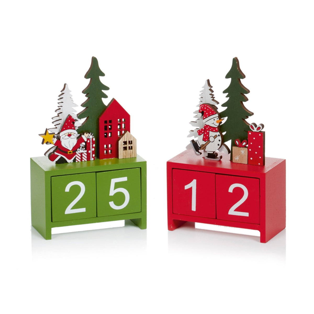 Choice 2 Designs Red or Green 15cm Tall Wooden Advent Calendar Countdown