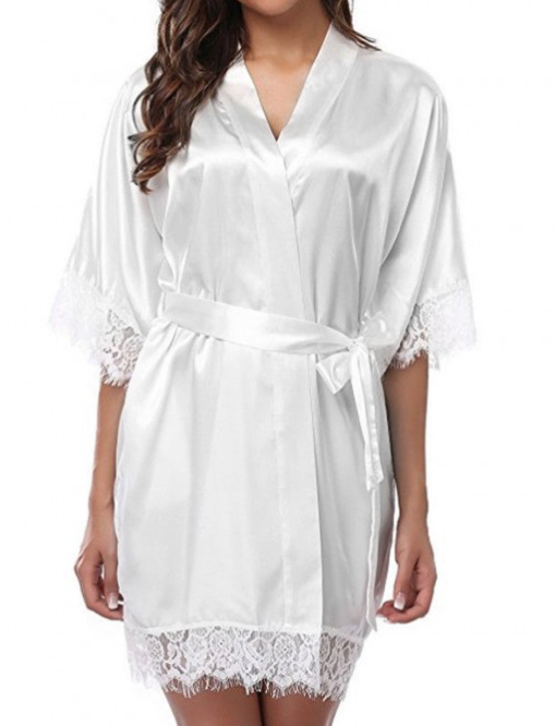 Ladies White Lace Edge Kimono Babydoll Negligee Robe Belt & G-String Size 10-12