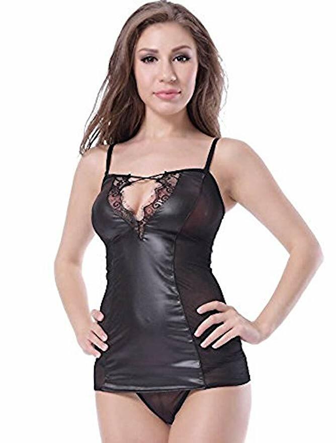 Womens Sexy Black Faux Leather & Lace Babydoll Teddy Chemise Size 8-10 and Thong