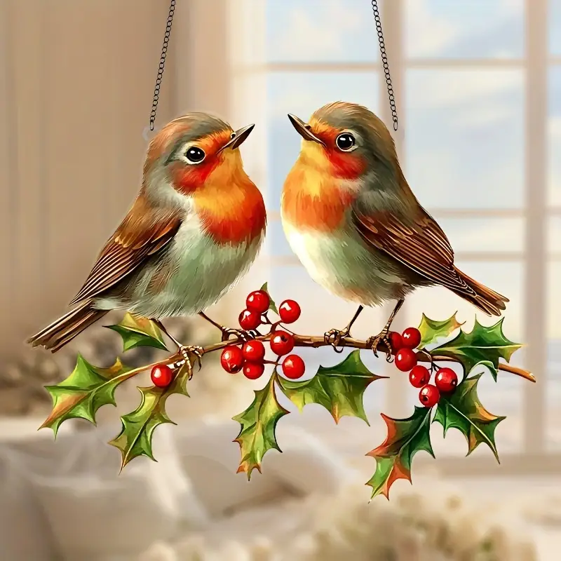 Hanging Acrylic Garden Suncatcher Robins Holly with Berries 20cm Wide on Chain