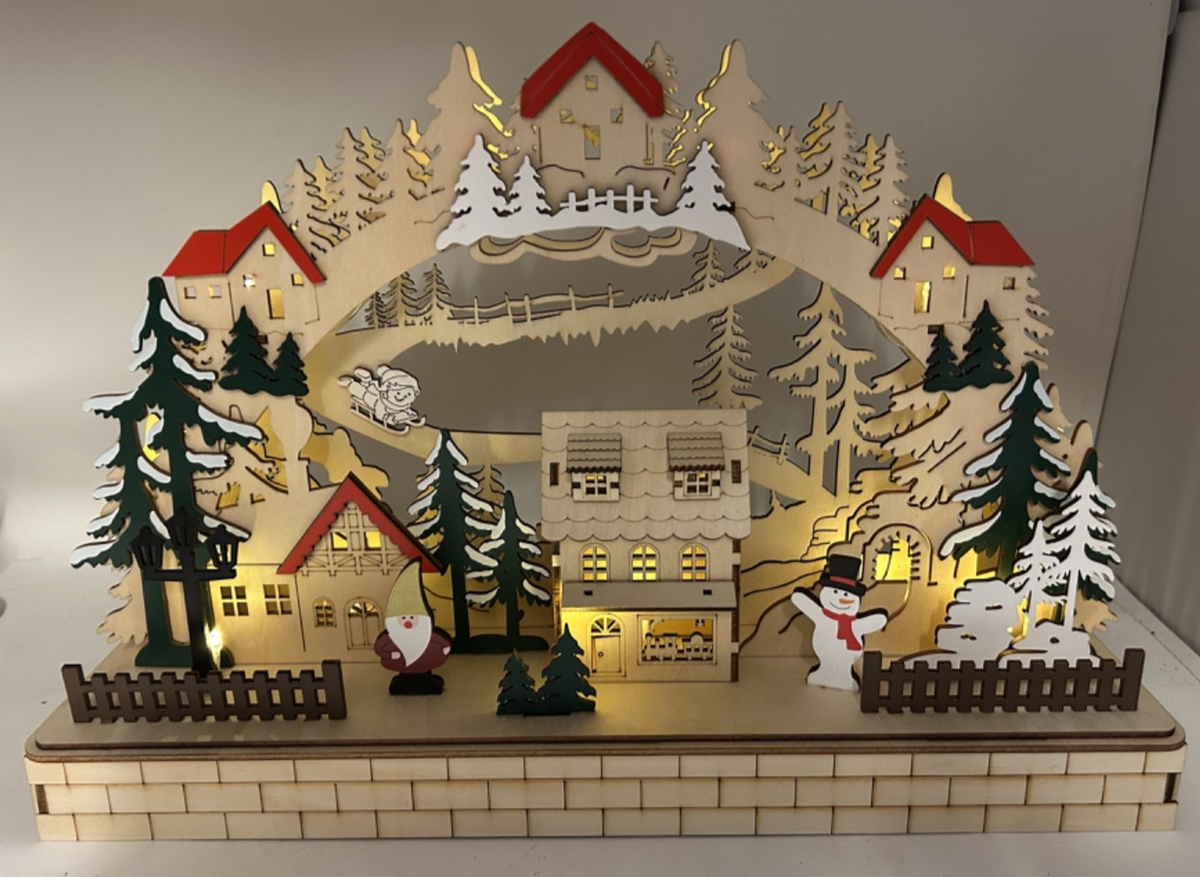 Wooden Alpine Christmas Village  LED Light Up Decoration 41cm Cut-out Design