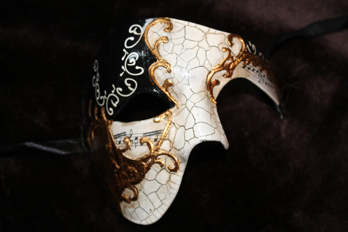 QUALITY BLACK & GOLD HALF FACE PHANTOM MUSICAL NOTES MASQUERADE MASK