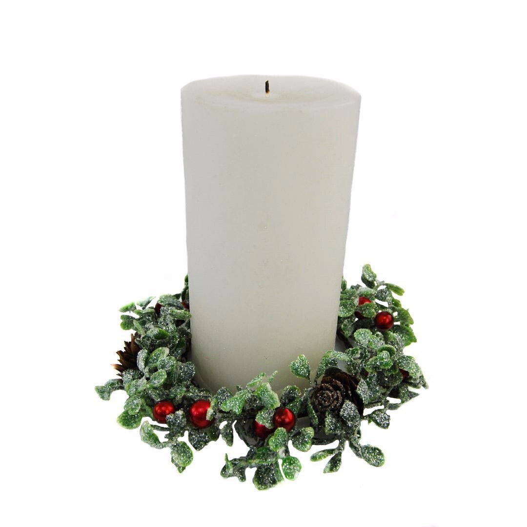 Candle Ring Artificial Christmas Wreath 10cm Diameter Glitter Mistletoe & Berry