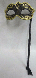 Ladies Black & Gold Venetian Masquerade Party Carnival Eye Mask Hand Held Stick