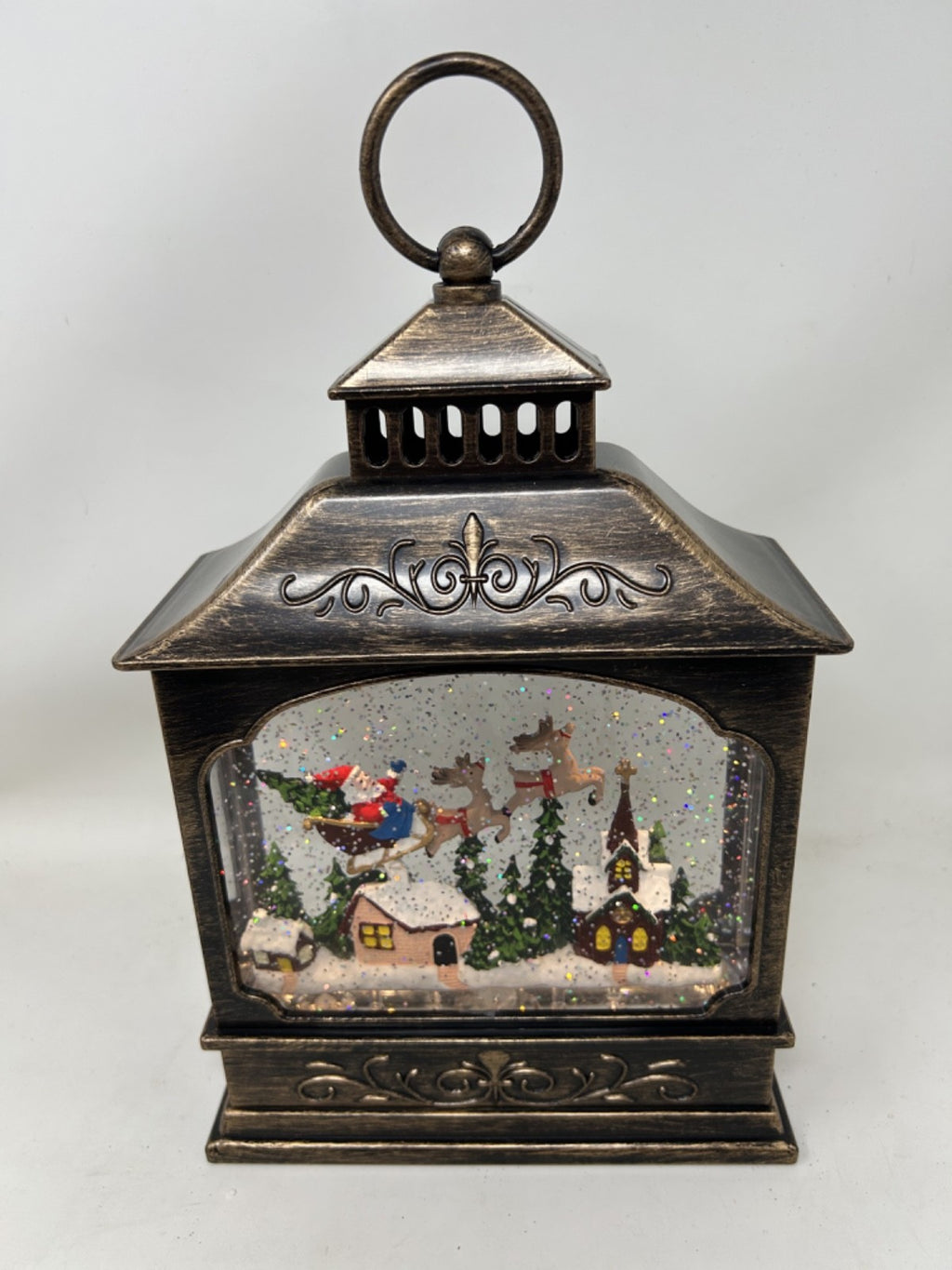 Christmas LED Water Spinner Glitter Snow Globe Lantern Santa & Sleigh 29cm Timer