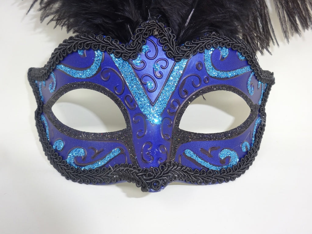BLUE BLACK TURQUOISE VENETIAN MASQUERADE CARNIVAL BALL PARTY EYE FEATHER MASK