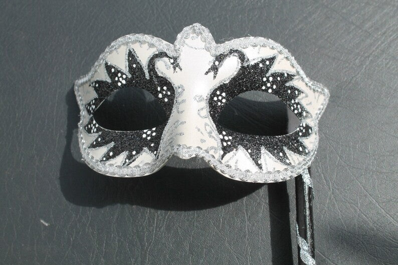 BLACK SILVER WHITE VENETIAN MASQUERADE CARNIVAL BALL SWAN EYE MASK ON A STICK