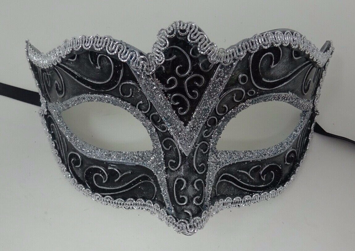 SILVER & BLACK STUNNING VENETIAN  MASQUERADE PARTY BALL CARNIVAL PROM  EYE MASK