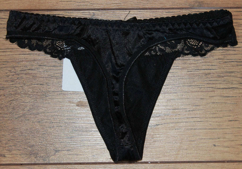 Sexy Ladies Black Panties Briefs Thong Satin with Lace Trim and Diamontes 8-12