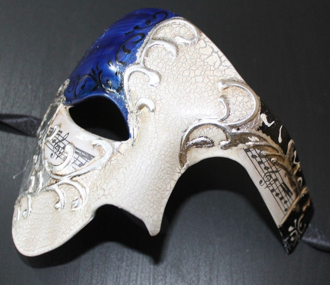QUALITY BLUE & SILVER HALF FACE PHANTOM MUSICAL NOTES MASQUERADE MASK