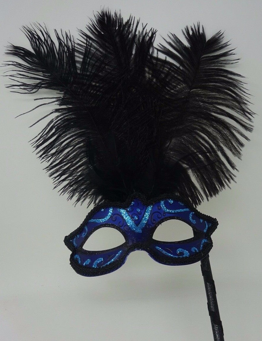 Venetian Masquerade Ball Carnival Mask Hand Held Stick Turquoise Blue & Black