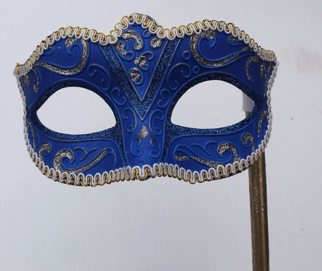 GLITTERING BLUE & GOLD VENETIAN MASQUERADE PARTY  MASK ON A  HAND STICK