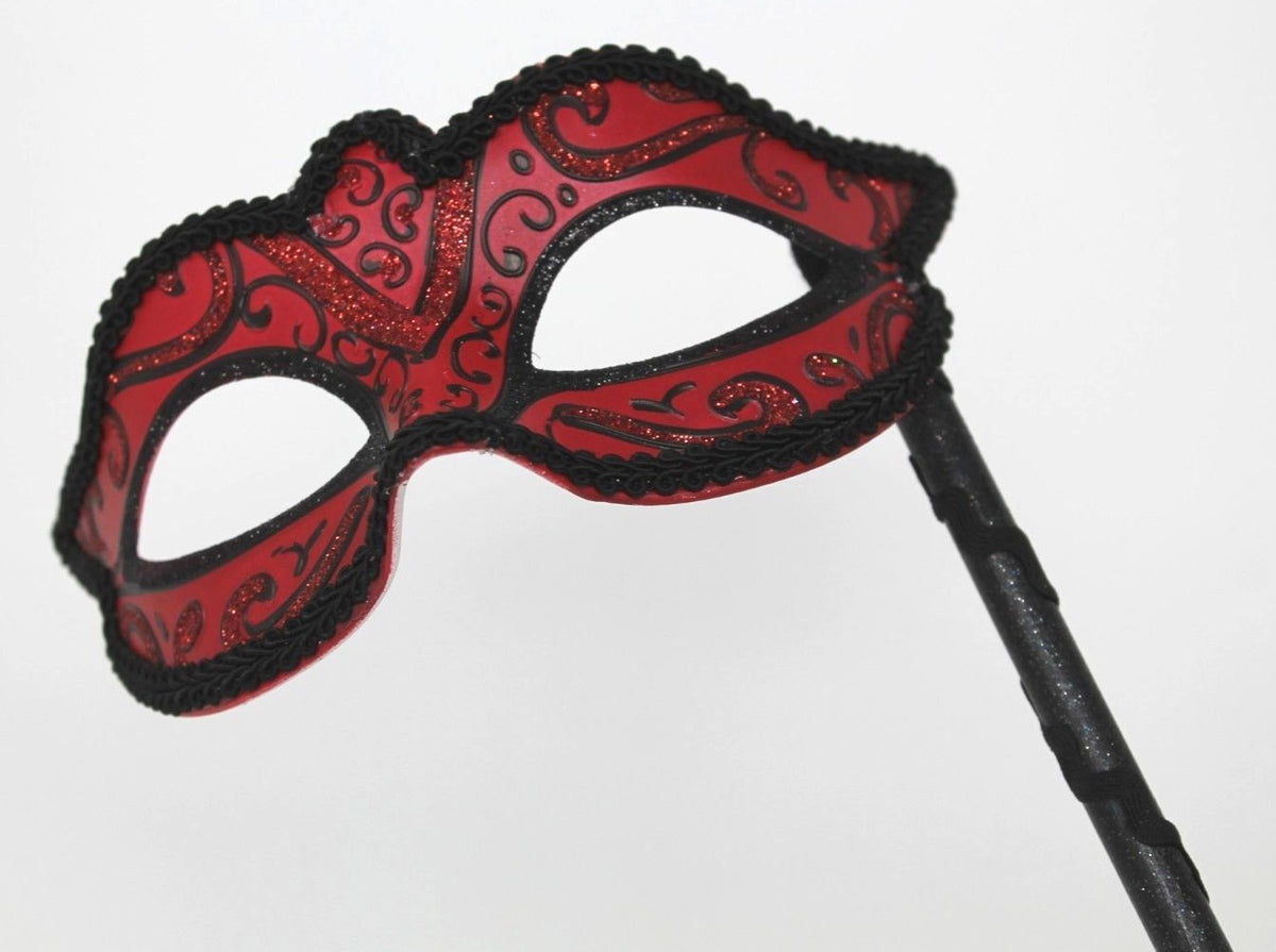 STUNNING BLACK & RED VENETIAN MASQUERADE PARTY BALL CARNIVAL MASK ON A STICK