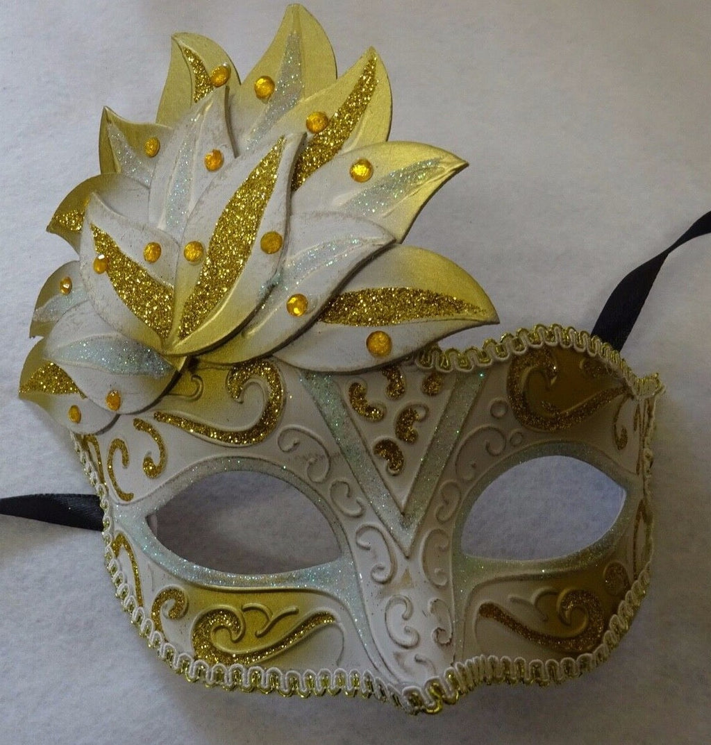 STUNNING GOLD & WHITE VENETIAN MASQUERADE PROM CARNIVAL BALL EYE PARTY MASK