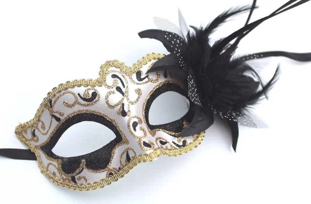 BLACK, PEARLISED IVORY & GOLD VENETIAN MASQUERADE PARTY BALL EYE MASK & FLOWER