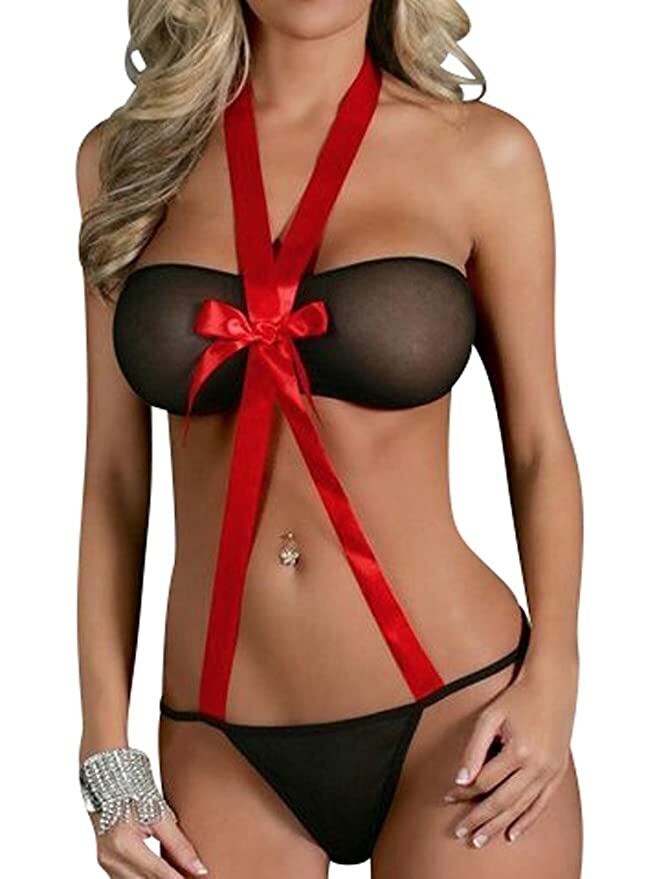 Womens Sexy Black Sheer Fabric & Red Ribbon Bra & Panties Lingerie Size One 8-12