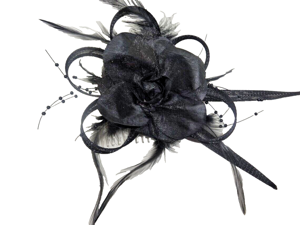 Hair Fascinator Black Feathers Looped Net Fabric & Rose Flower on a Clear Comb