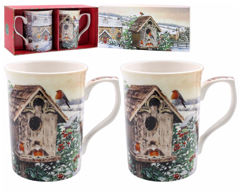 Leonardo Collection Set of 2 Christmas Winter Robins Birds China Mugs Gift Boxed