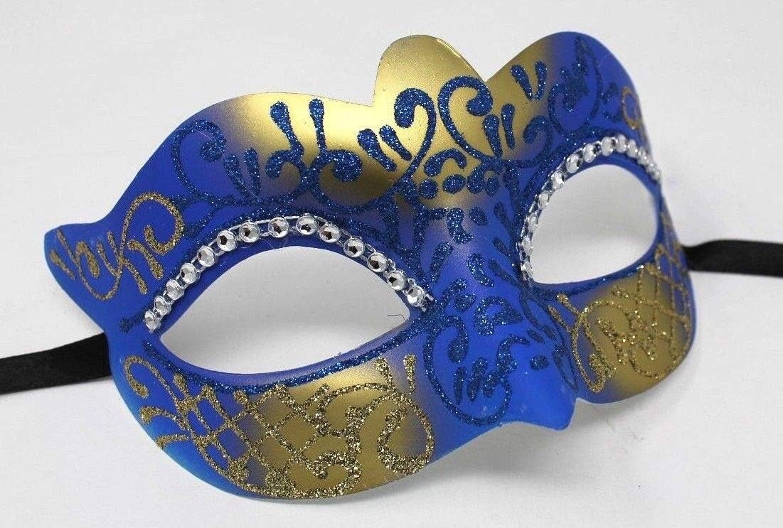 LADIES BLUE & GOLD VENETIAN MASQUERADE PARTY CARNIVAL BALL EYE MASK DIAMONTES