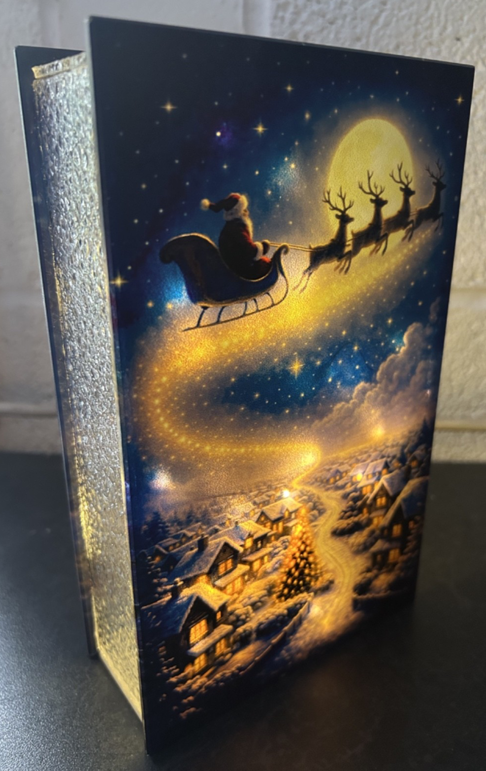 Glass Flashing / Static LEDs Santa Sleigh Christmas Decoration 21cm Double Sided