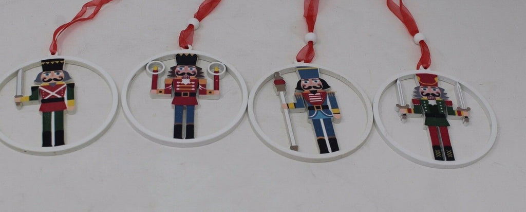 4 x Wooden Nutcracker Christmas Tree Decorations Ornaments With Hangers 9cm Dia