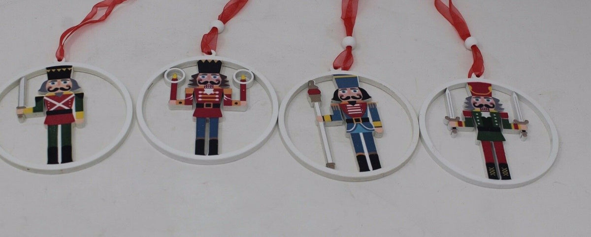 4 x Wooden Nutcracker Christmas Tree Decorations Ornaments With Hangers 9cm Dia