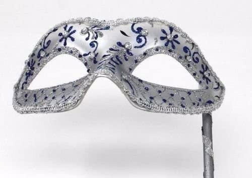 BLUE & SILVER JEWELLED VENETIAN MASQUERADE CARNIVAL BALL PARTY MASK ON A STICK