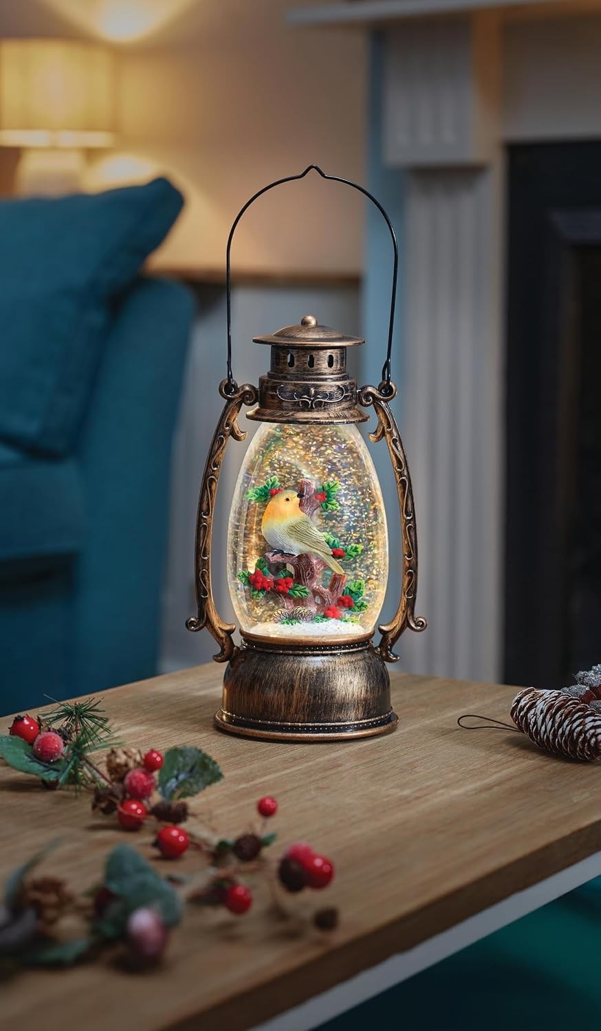 LED Robin Lantern 24cm Light-Up Christmas Snow Globe Auto Swirling Glitter Timer