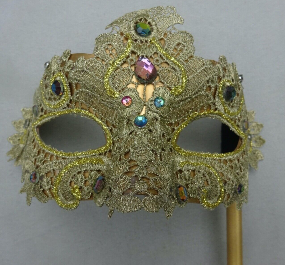 HAND HELD GOLD JEWELLED LACE BROCADE MASK VENETIAN MASQUERADE EYE BALL ON STICK