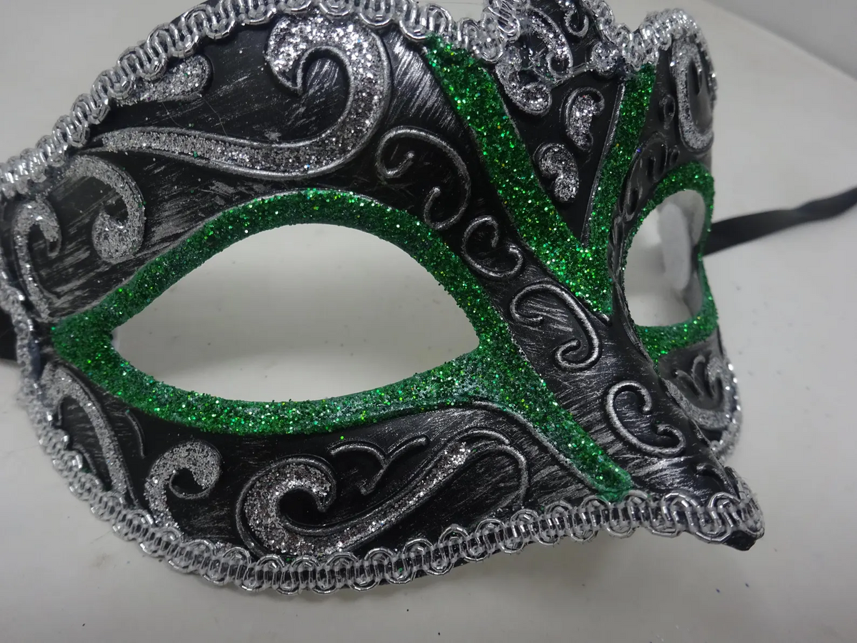 BLACK GREEN & SILVER BRAID VENETIAN MASQUERADE PARTY CARNIVAL BALL PROM EYE MASK