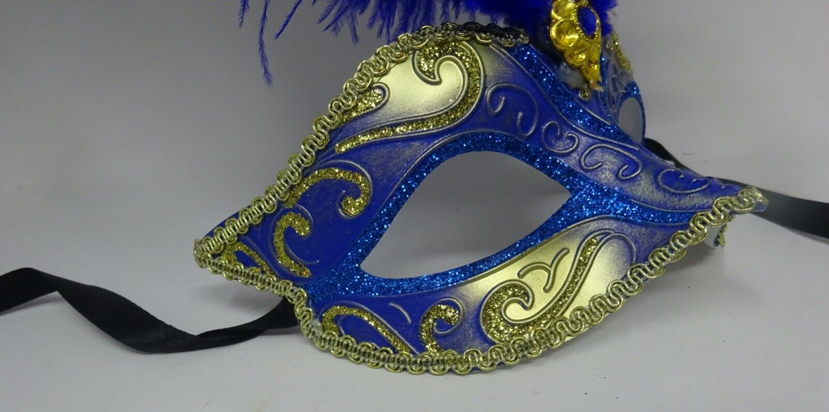 FEATHER MASK BLUE & GOLD VENETIAN MASQUERADE BALL CARNIVAL PARTY EYE  FACE MASK