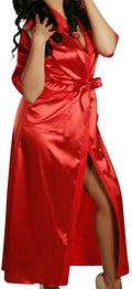 Ladies Long Red Satin Soft Kimono Negligee Robe Gown Nightdress Belt Thong 8-12