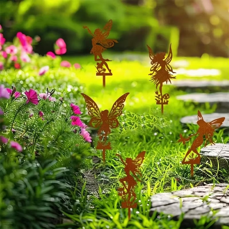 5 x Rust Effect Acrylic Fairies Silhouettes Each is 20cm Tall Garden Decoration