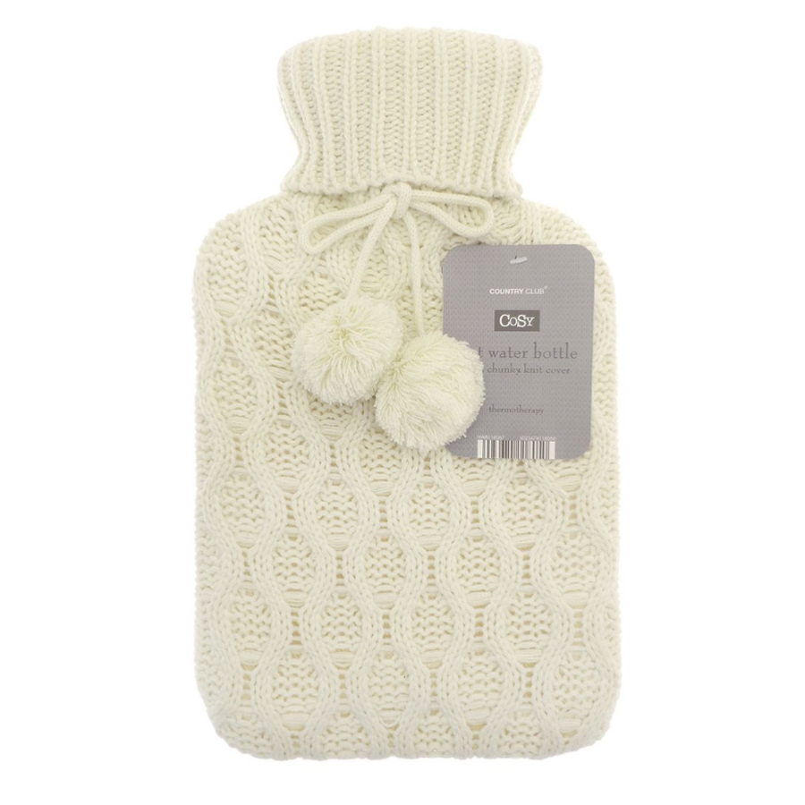 2 Litre Natural Rubber Hot Water Bottle Chunky Knit Cable Knitted Pom Pom Cover
