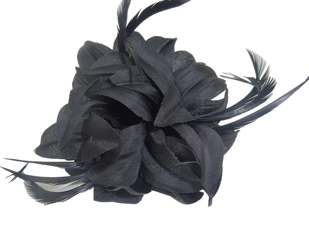 Hair Fascinator Corsage and Brooch Black with Fabric Petals and Slim Feathers