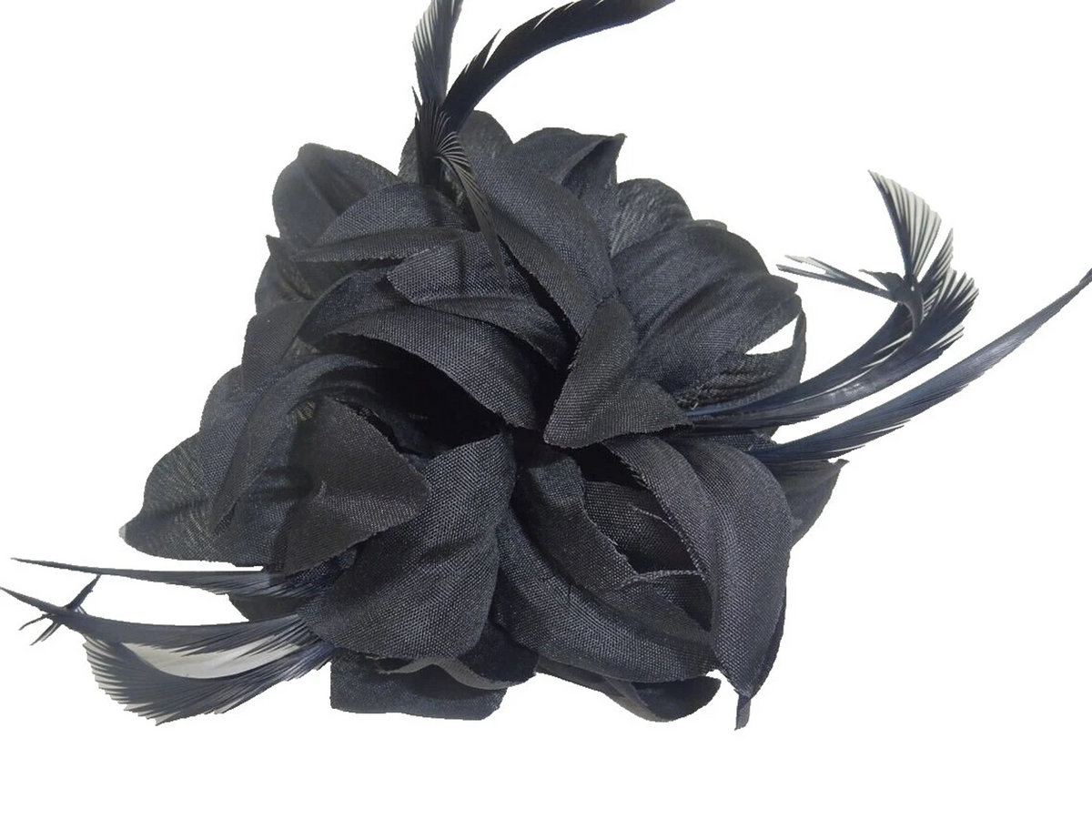 Hair Fascinator Corsage and Brooch Black with Fabric Petals and Slim Feathers