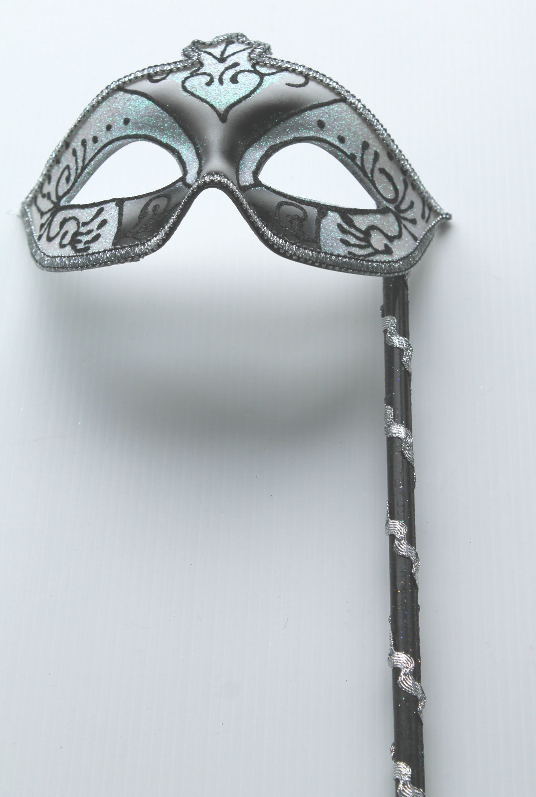 Venetian Party Masquerade Mask on a Hand Held STICK   BLACK SILVER WINTER WHITE