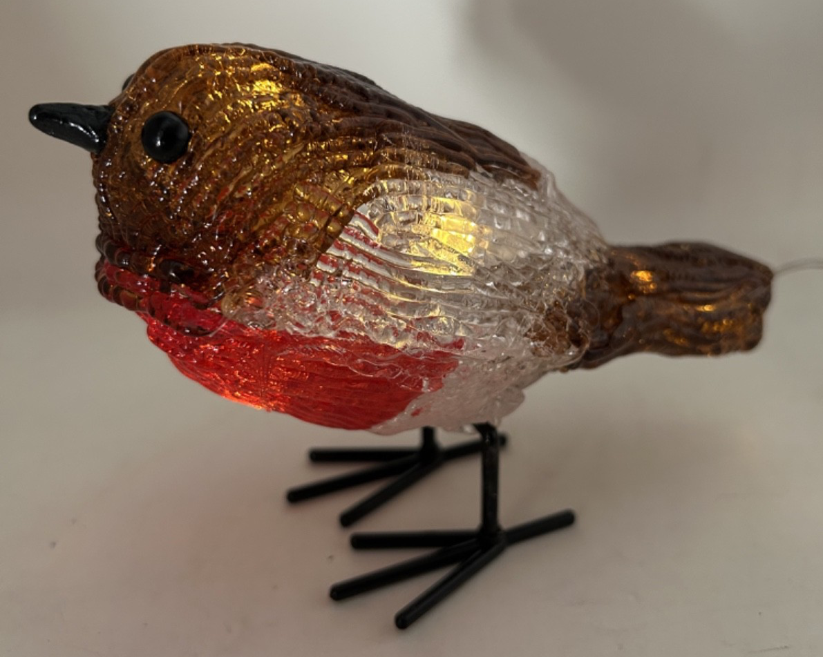 Christmas LED Light Up Acrylic Robin Decoration 16cm Long Timer Indoor Outdoor