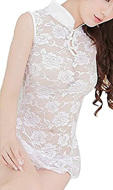 Ladies White Lace See-Through Kimono Babydoll Negligee Nightdress & Thong 8-10