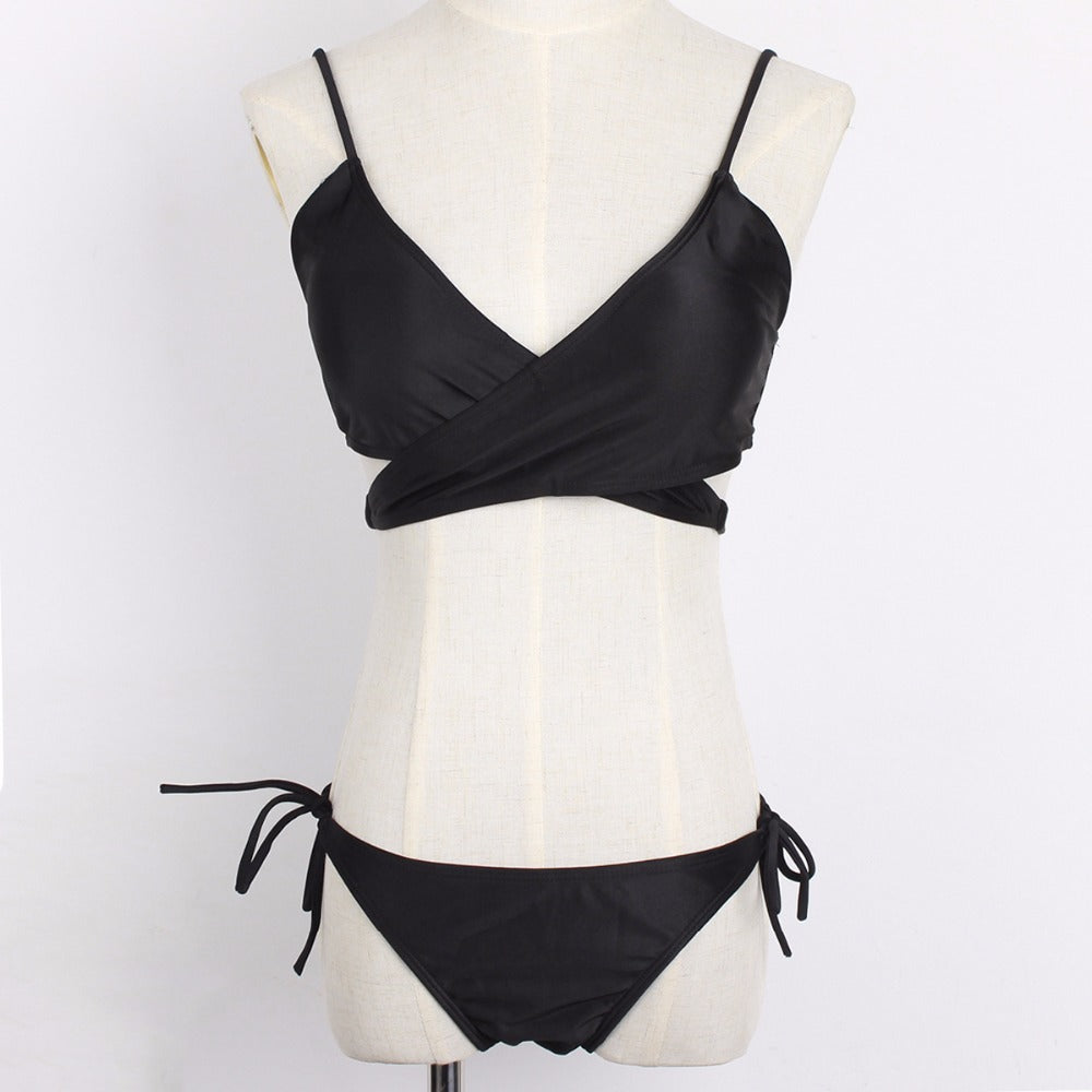 Ladies Stylish Bandage Crossover 2 Piece Bikini Swimsuit Black Size 10-12