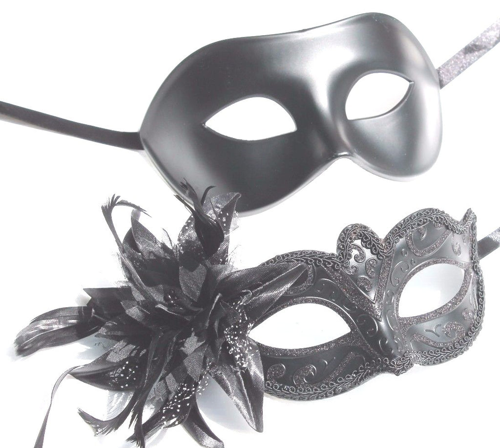 HIS N HERS PAIR COUPLES CO-ORDINATED BLACK VENETIAN MASQUERADE PARTY EYE MASKS
