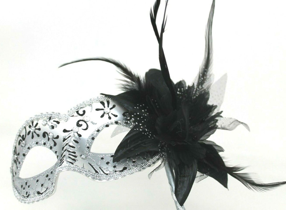 GLITTERING JEWELS BLACK & SILVER VENETIAN MASQUERADE PARTY MASK ON A HAND STICK