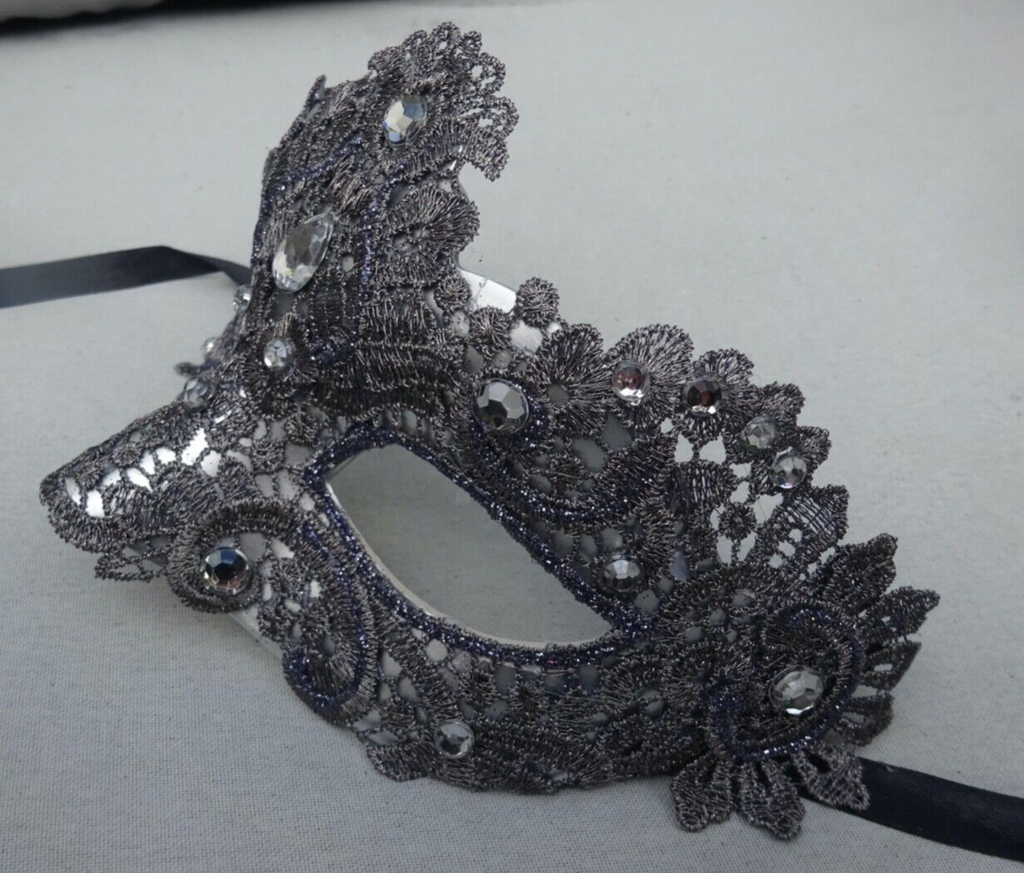 SILVER GREY JEWELLED LACE BROCADE MASK VENETIAN MASQUERADE CARNIVAL EYE BALL