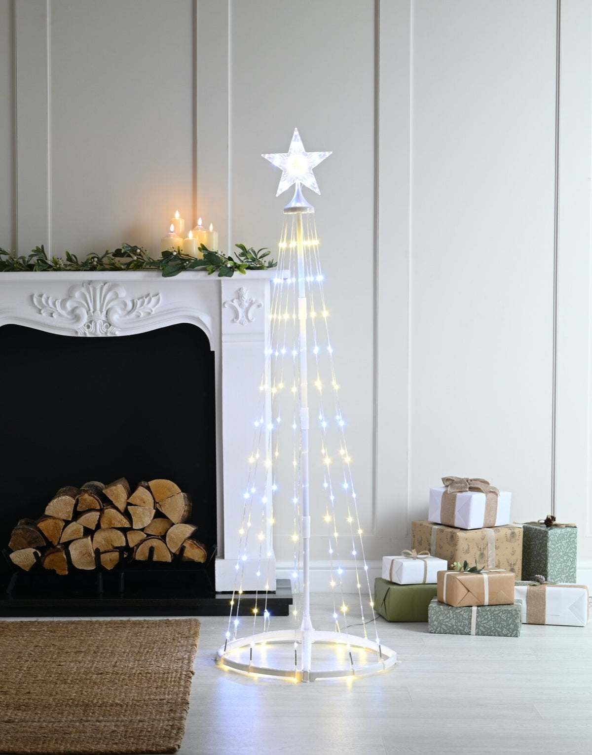 Festive 150cm Tall 127 White & Warm White LEDs Cone Tree Pyramid Mains Powered
